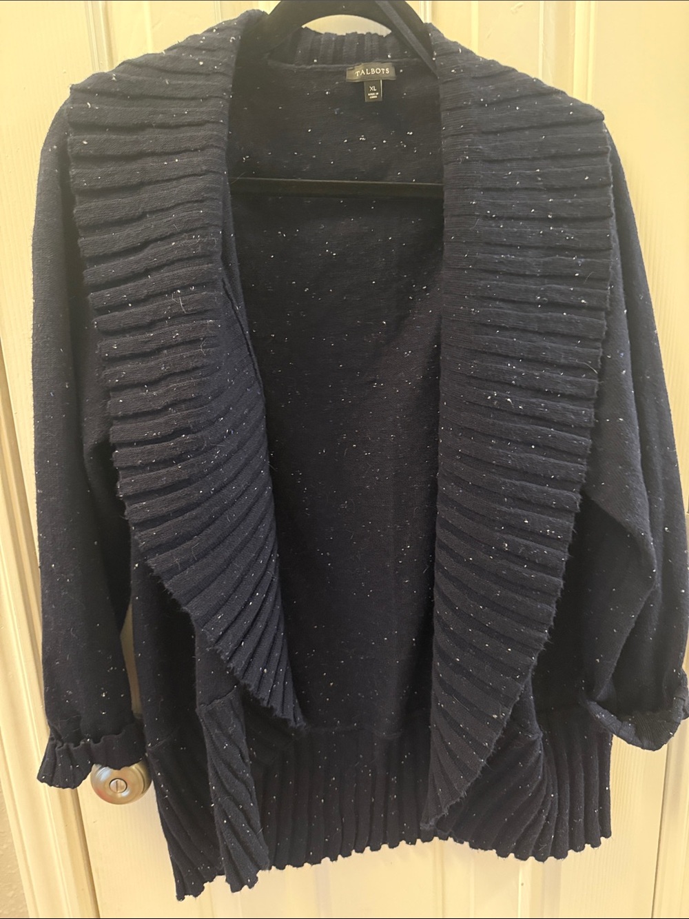 Talbots Navy Open-Front Ribbed Shawl Cardigan with Fleck Detail /sweater